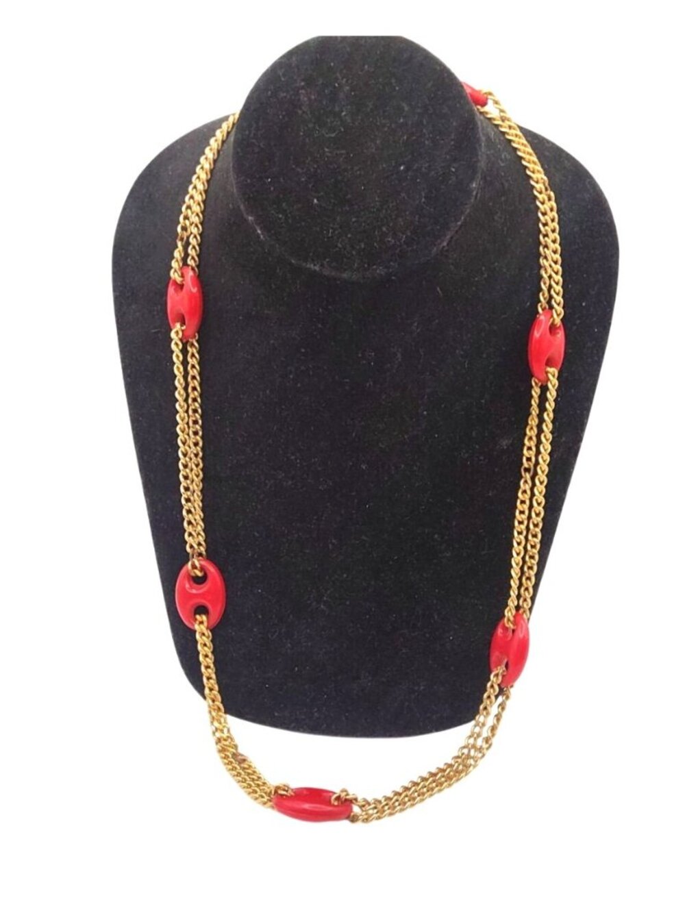 Vintage Gold-Tone Chain Necklace W/ Red Oval Lucite Accents Double-Layer Design